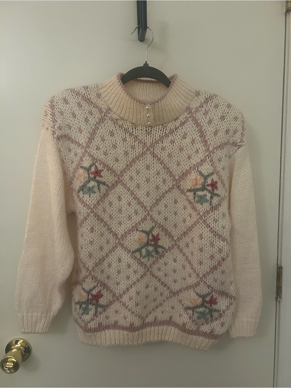 Needles Cream Floral Diamond Knit Turtleneck Sweater